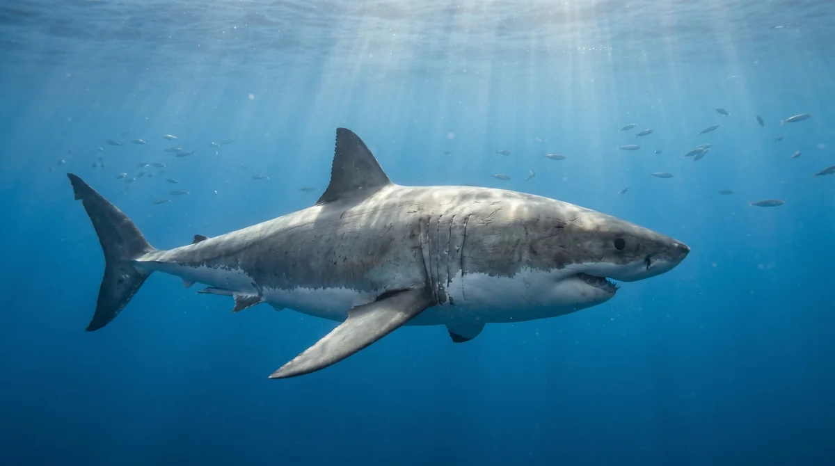 A great white shark swimming calmly in blue water